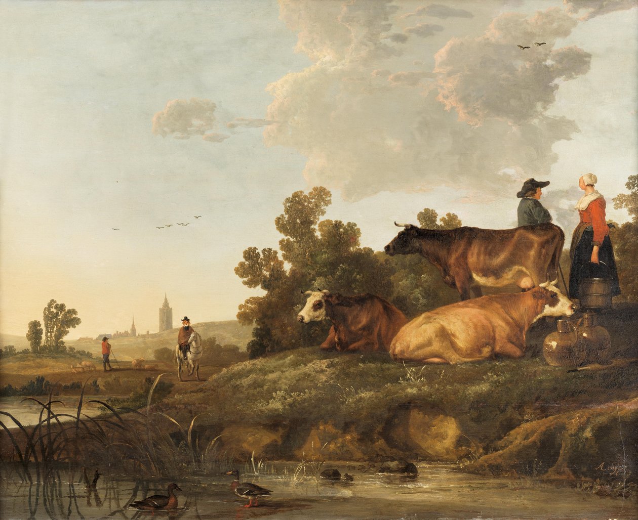 Un bouvier et une laitière debout à côté du bétail, vue sur une ville au loin - Aelbert Cuyp