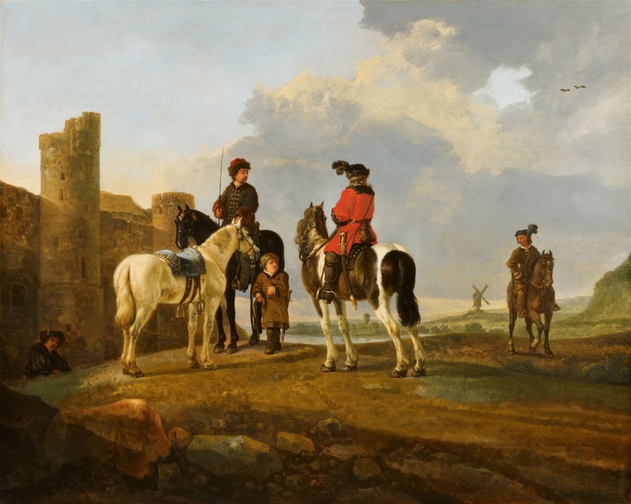 Les cavaliers au repos par Burg Ubbergen - Aelbert Cuyp