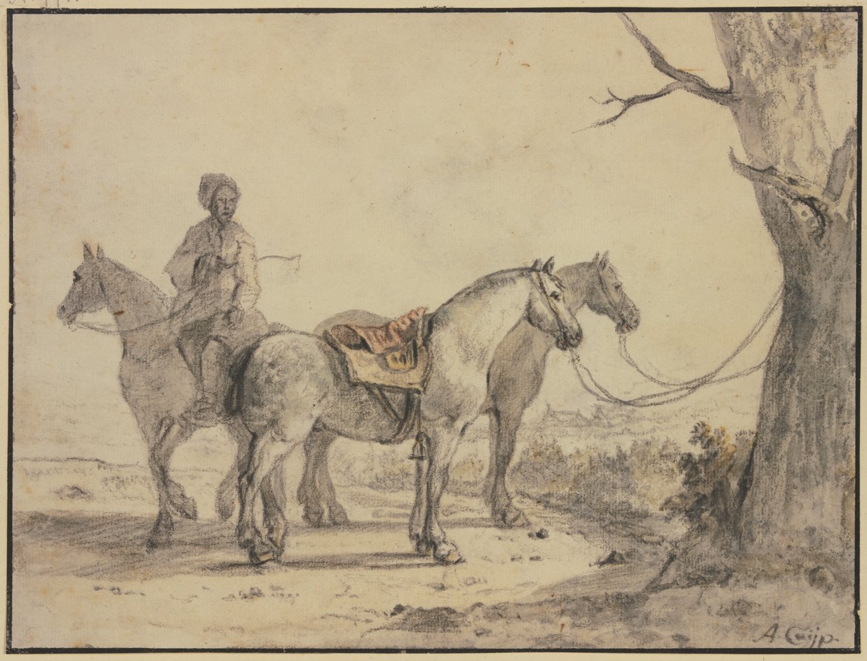 Deux chevaux sellés attachés à un arbre, avec un cavalier à côté - Aelbert Cuyp