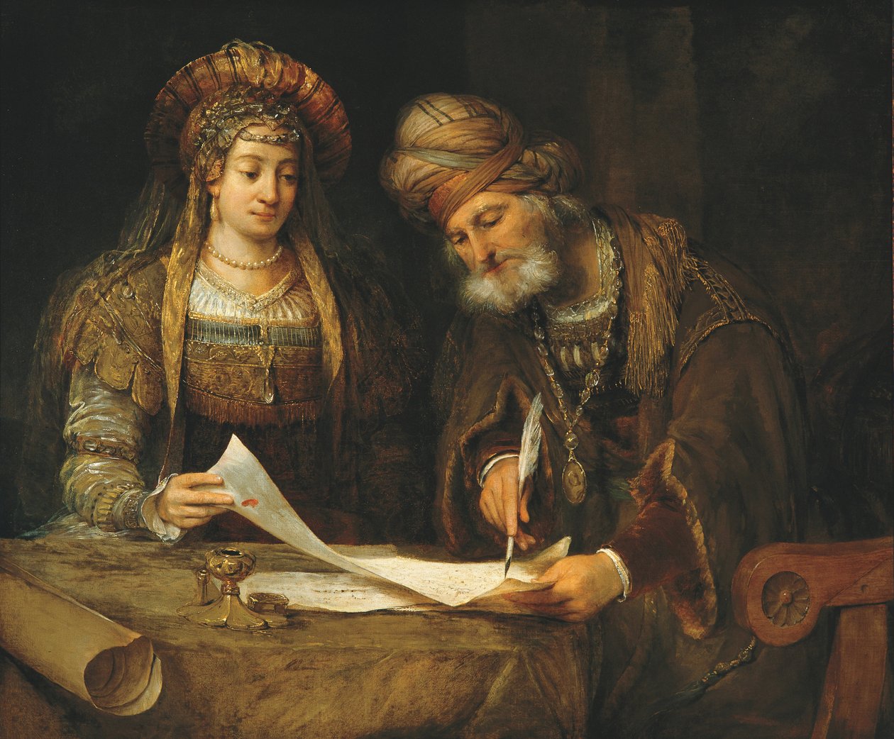 Esther et Mardochée écrivant la première lettre de Pourim - Aernt de Gelder