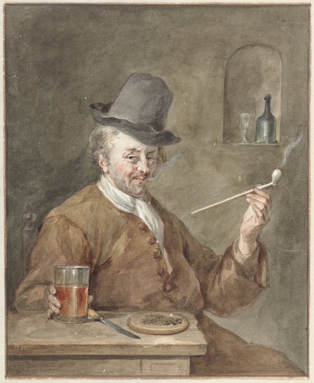 Homme fumant une pipe à une table avec une assiette, un couteau et un verre - Aert Schouman