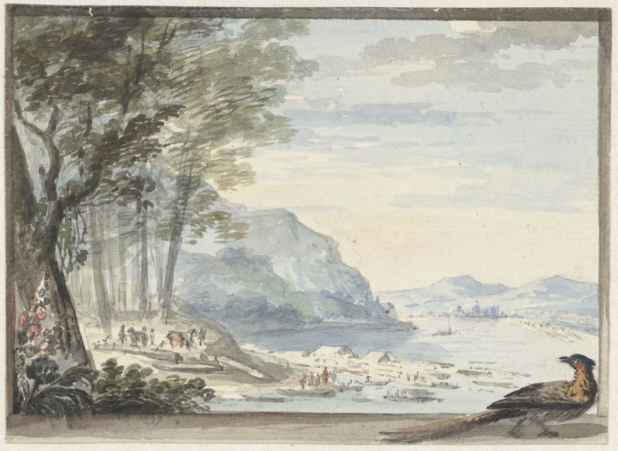 Paysage fluvial avec une poule au premier plan - Aert Schouman