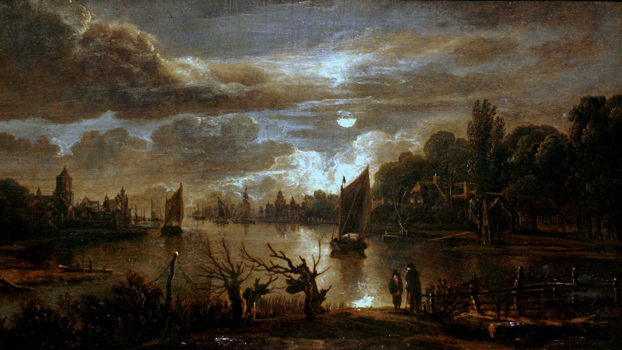 French : Paysage au clair de lune avec un large canal Moonlit Landscape with a Broad Stream - Aert van der Neer