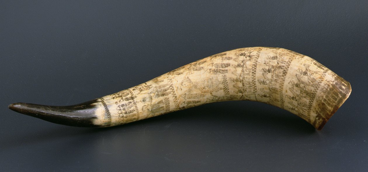 Corne de vache gravée avec des scènes de la guerre anglo-zouloue, Nord Nguni Afrique du Sud-Est, vers 1879 - African