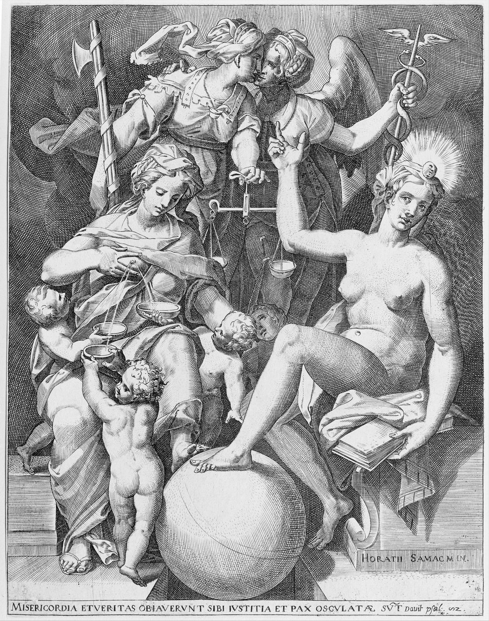 Allégorie du Psaume de David, Miséricorde assise à gauche nourrissant quatre enfants, 1579 - After Agostino Carracci.