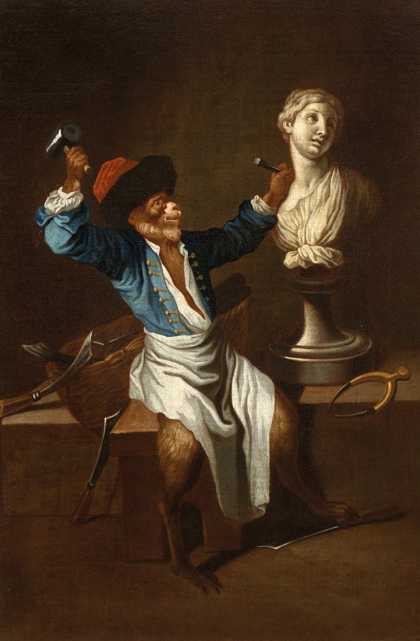 Un singe sculpteur F 18Jh - after Jean Antoine Watteau