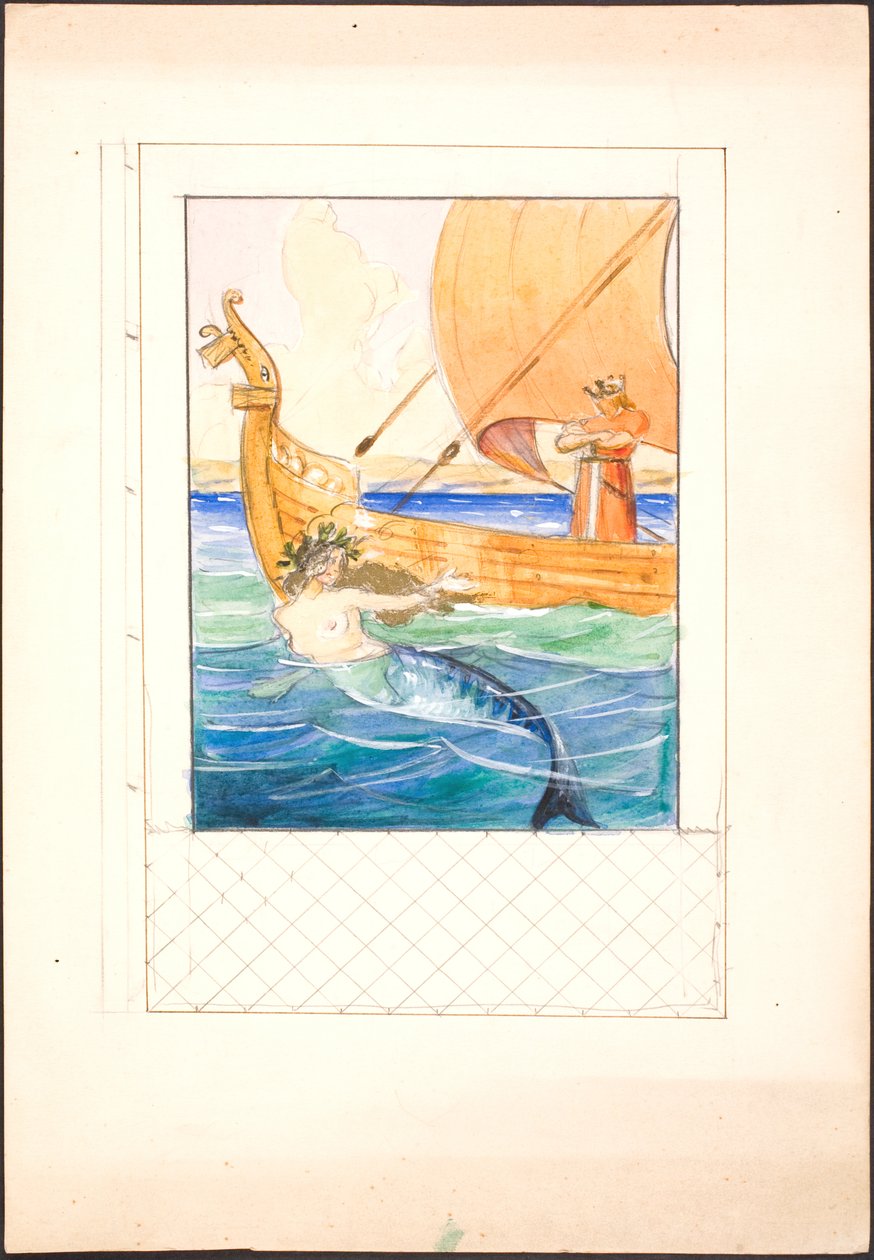 Illustration pour Oehlenschläger avec sirène et un roi sur un navire intégré dans un cadre - Agnes Slott Møller