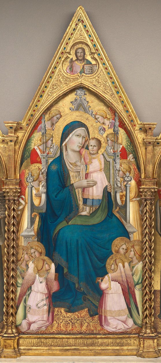 Madone et enfant en trône avec douze anges, et avec le Christ bénissant (panneau central) - Agnolo Gaddi