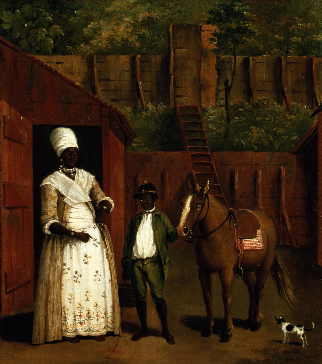 Une mère noire et son fils avec un poney devant une écurie - Agostino Brunias