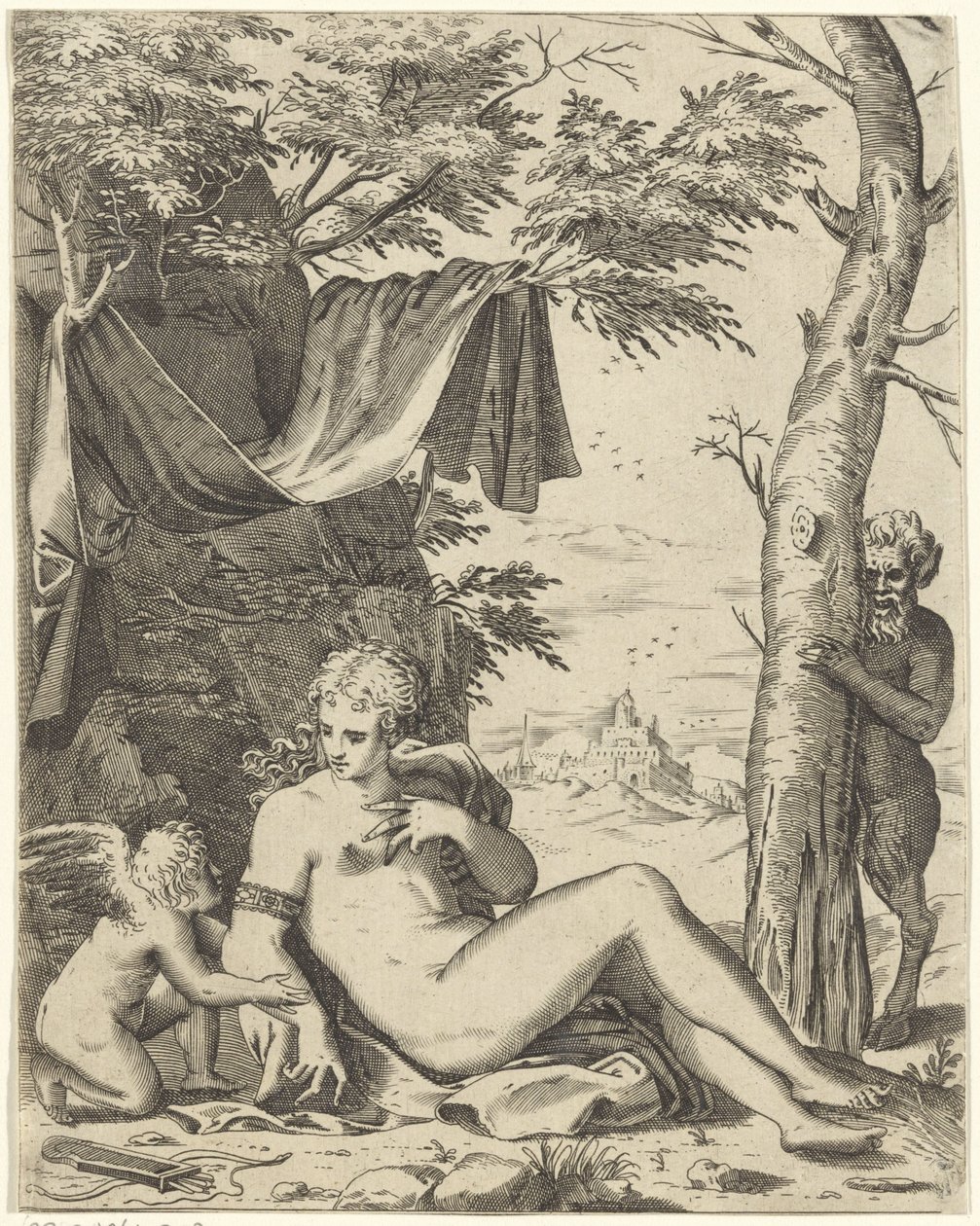Vénus, Amour et satyre - Agostino Carracci (attributed to)