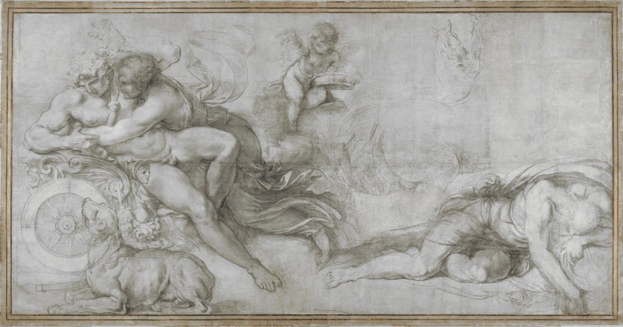 Céphale enlevé par Aurore dans son char (carton pour une fresque dans la Galerie du Palazzo Farnese, Rome) - Agostino Carracci