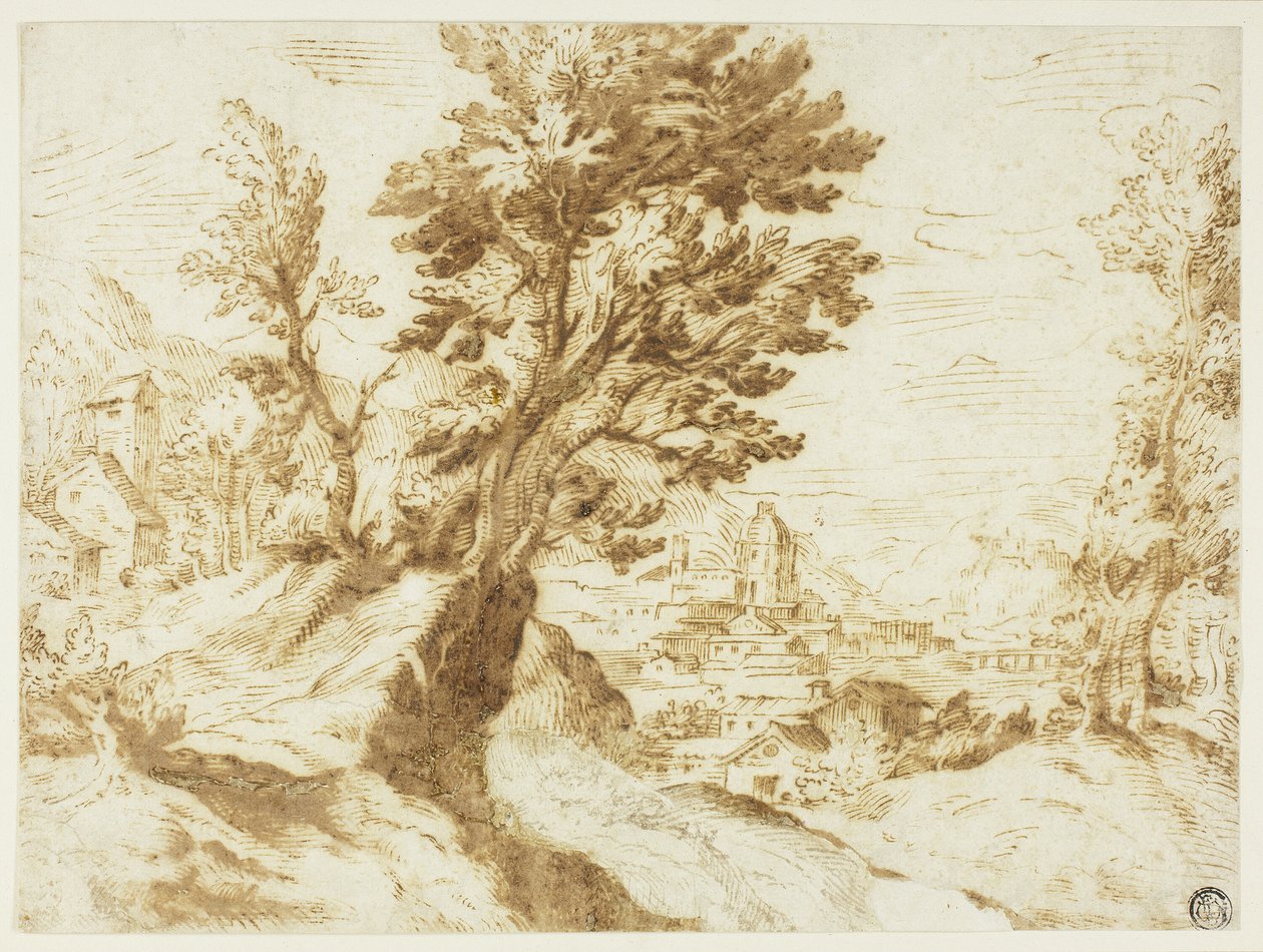 Paysage vallonné avec ville au loin - Agostino Carracci