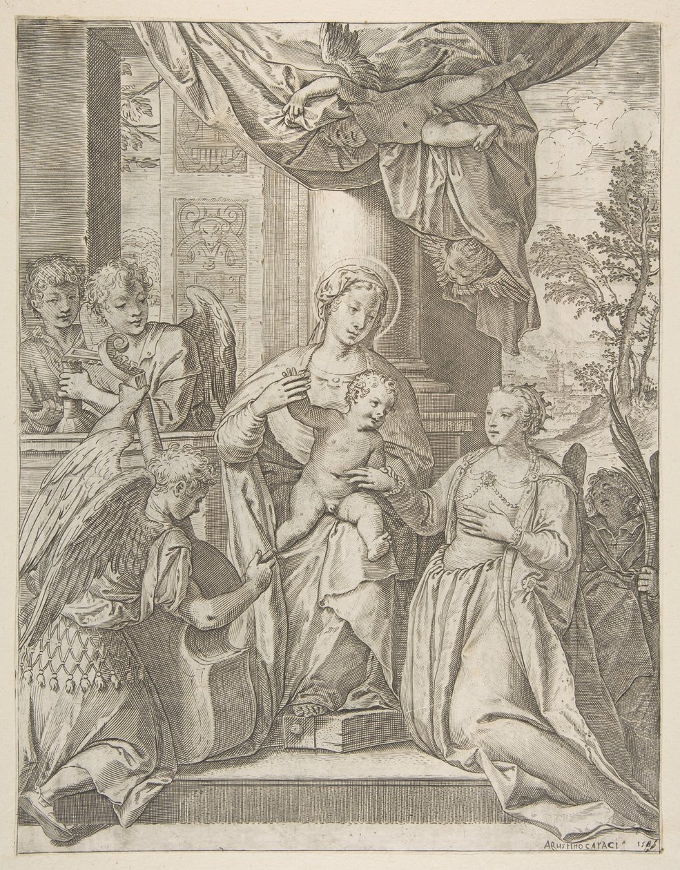 Le mariage mystique de Sainte Catherine qui est assise au centre avec l