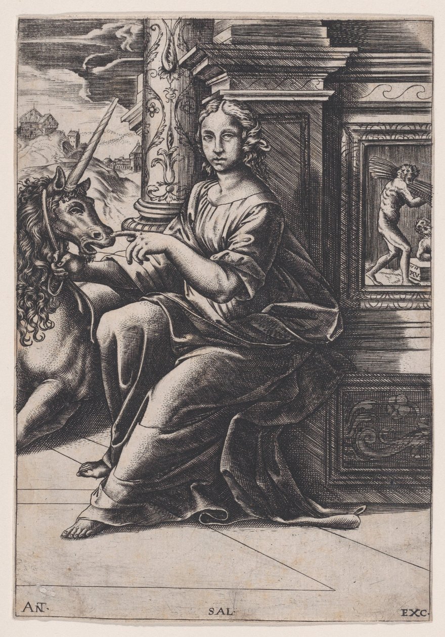Chasteté, une femme assise, une licorne à sa droite - Agostino Veneziano