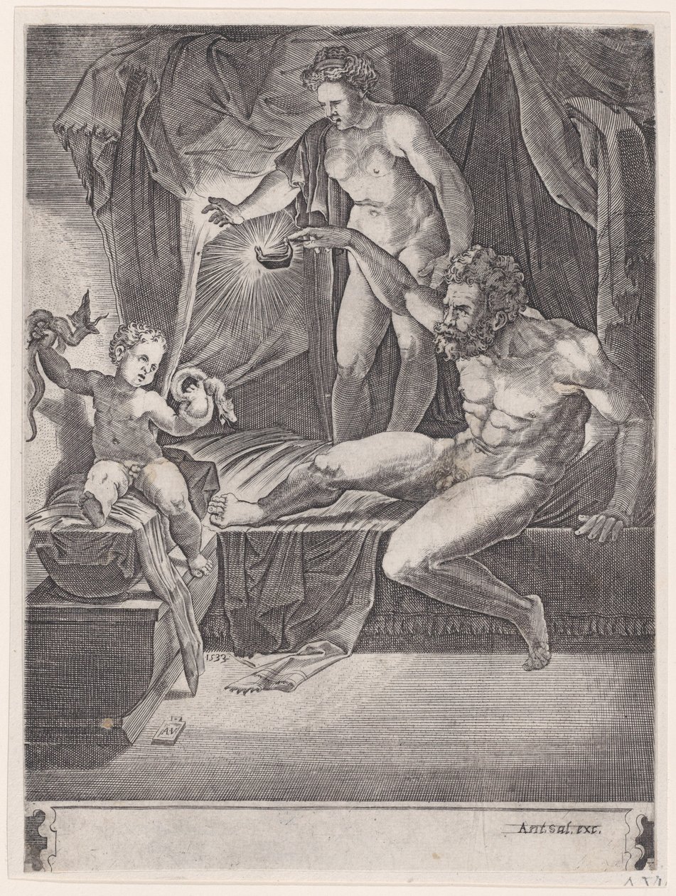 Le jeune Hercule dans son berceau, daté 1533 - Agostino Veneziano
