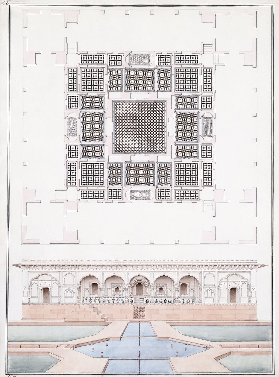 Élévation de la façade sud et du palais du jardin du Suraj Bhawan à Dig, c.1830 - Agra School