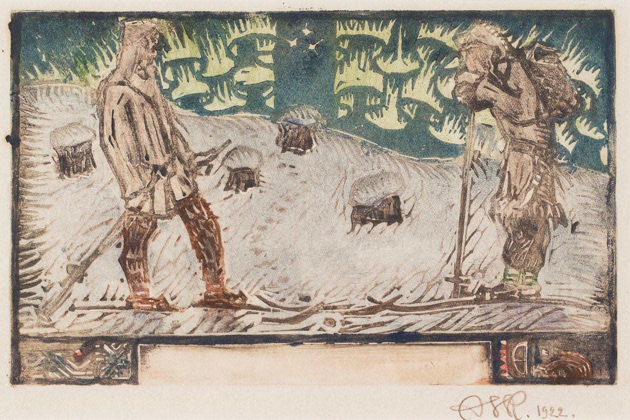 « Deux skieurs », vignette illustrant un poème du Grand Kalevala - Akseli Gallen-Kallela