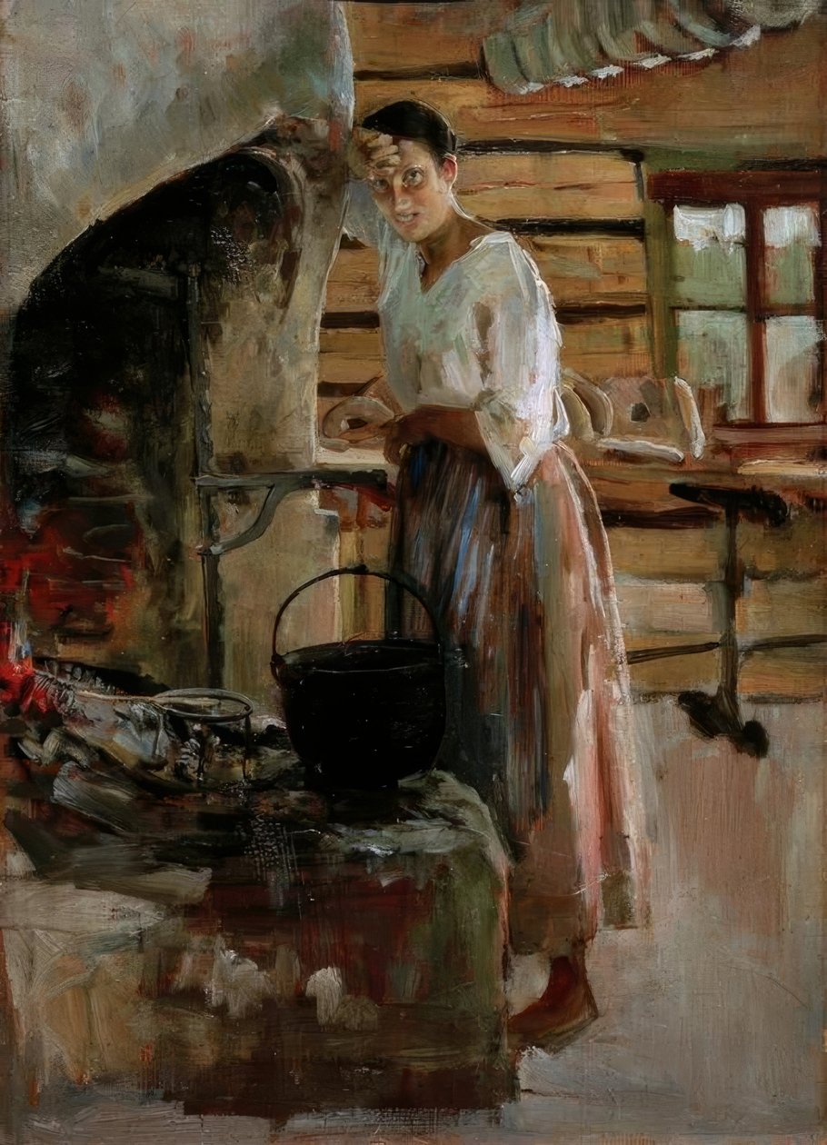 Femme cuisinant des marènes - Akseli Valdemar Gallen-Kallela