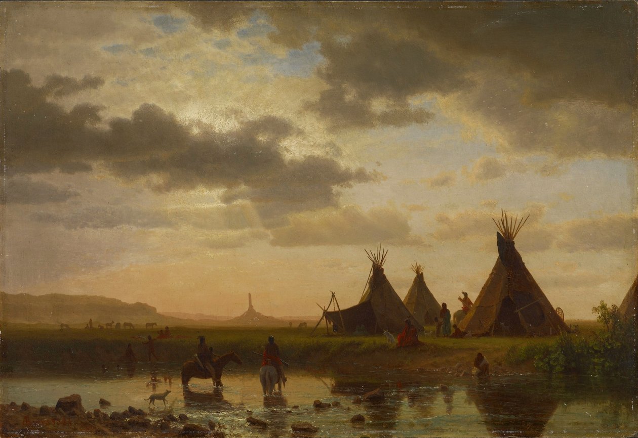Vue de Chimney Rock, village Ohalilah Sioux au premier plan - Albert Bierstadt