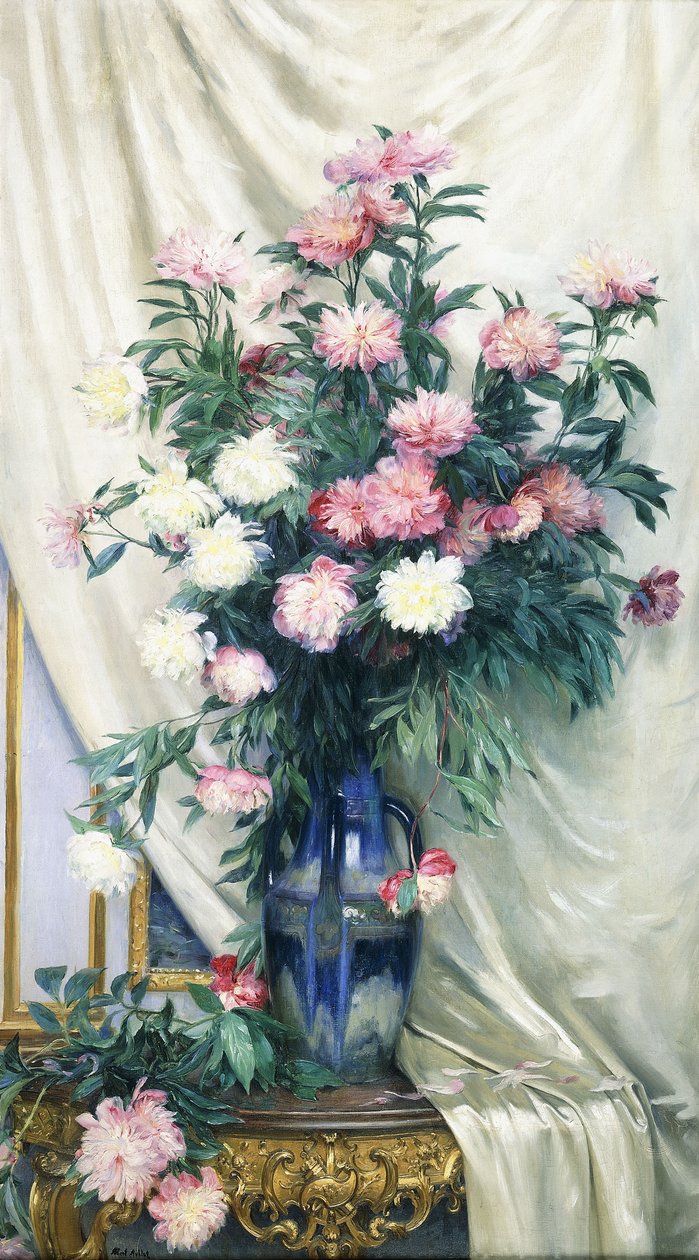 Pivoines dans un vase bleu sur une console en bois doré de style Régence drapée - Albert Aublet