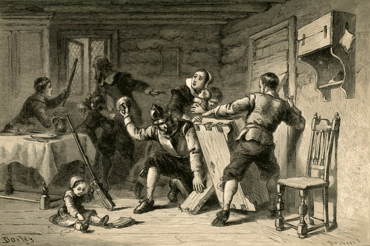 Les puritains barricadant leur maison contre les Indiens, 1877 - Albert Bobbett