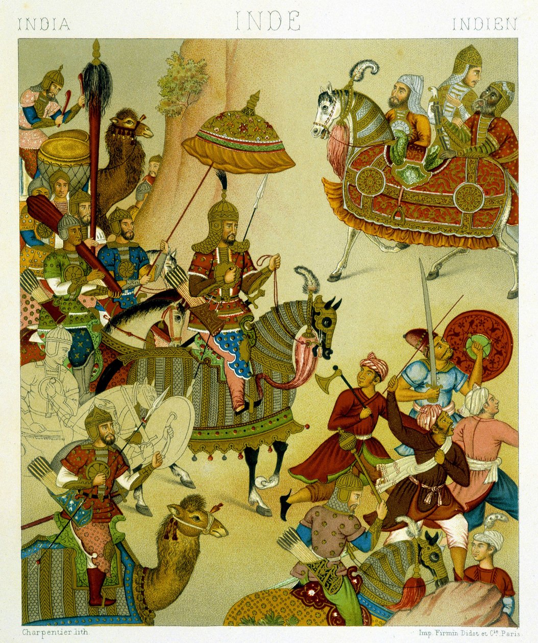 Tenues de guerre du XVIe siècle en Inde. Planche chromolithographique - dans « Le Costume Historique » par Racinet - Albert Charles August Racinet