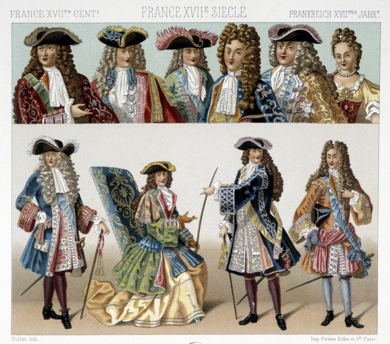Costumes et coiffures de la noblesse française au 18e siècle. Illustration dans « Le costume historique » par Racinet - Albert Charles August Racinet