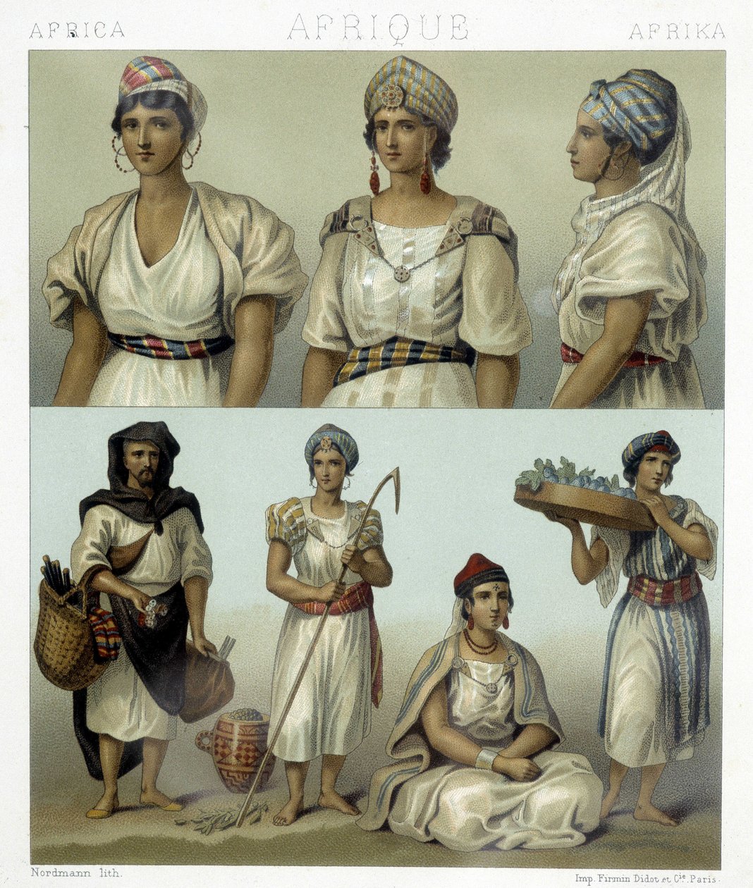 Costumes et coiffes des femmes kabyles (haut). Costumes tunisiens et algériens (bas). Illustration dans « Le costume historique » par Racinet - Albert Charles August Racinet