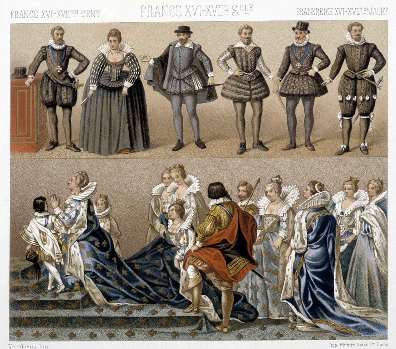 Costumes de la reine Marguerite de France (bas), et Henri IV (haut) aux 17e et 18e siècles. Illustration dans « Le costume historique » par Racinet - Albert Charles August Racinet