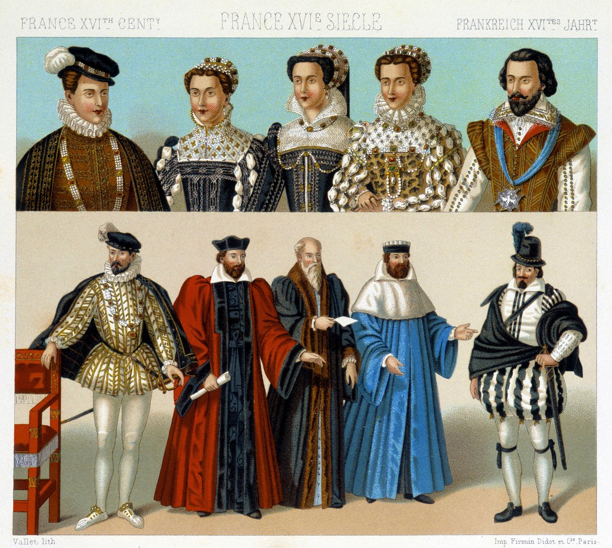 Costumes de nobles et magistrats en France au XVIIe siècle. Chromolithographie - dans « Le costume historique » par Racinet - Albert Charles August Racinet