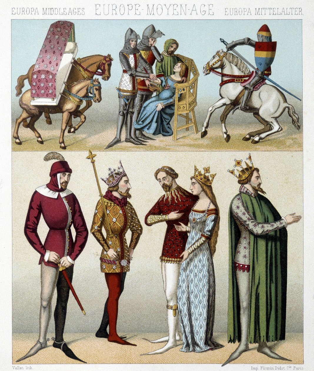 Costumes du Moyen Âge en France. Illustration dans « Le costume historique » par Racinet - Albert Charles August Racinet