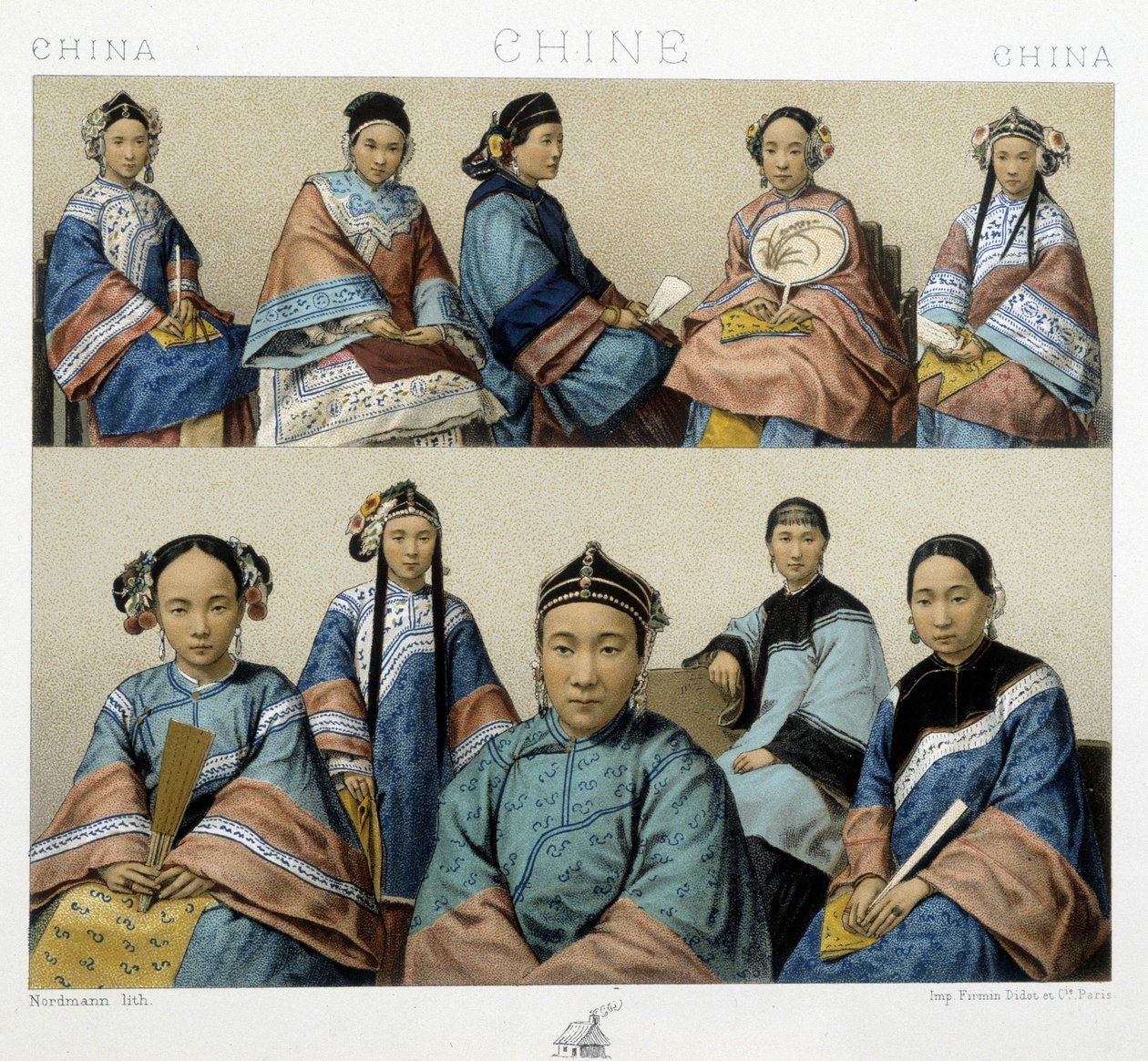 Différents types de femmes en Chine - dans "Le costume historique" par Racinet - Albert Charles August Racinet
