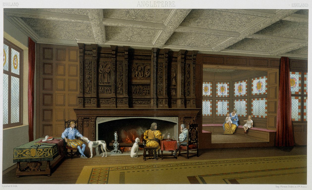 Lord anglais et sa famille dans sa maison du 17e siècle. Planche chromolithographique - dans « Le costume historique » par Racinet - Albert Charles August Racinet