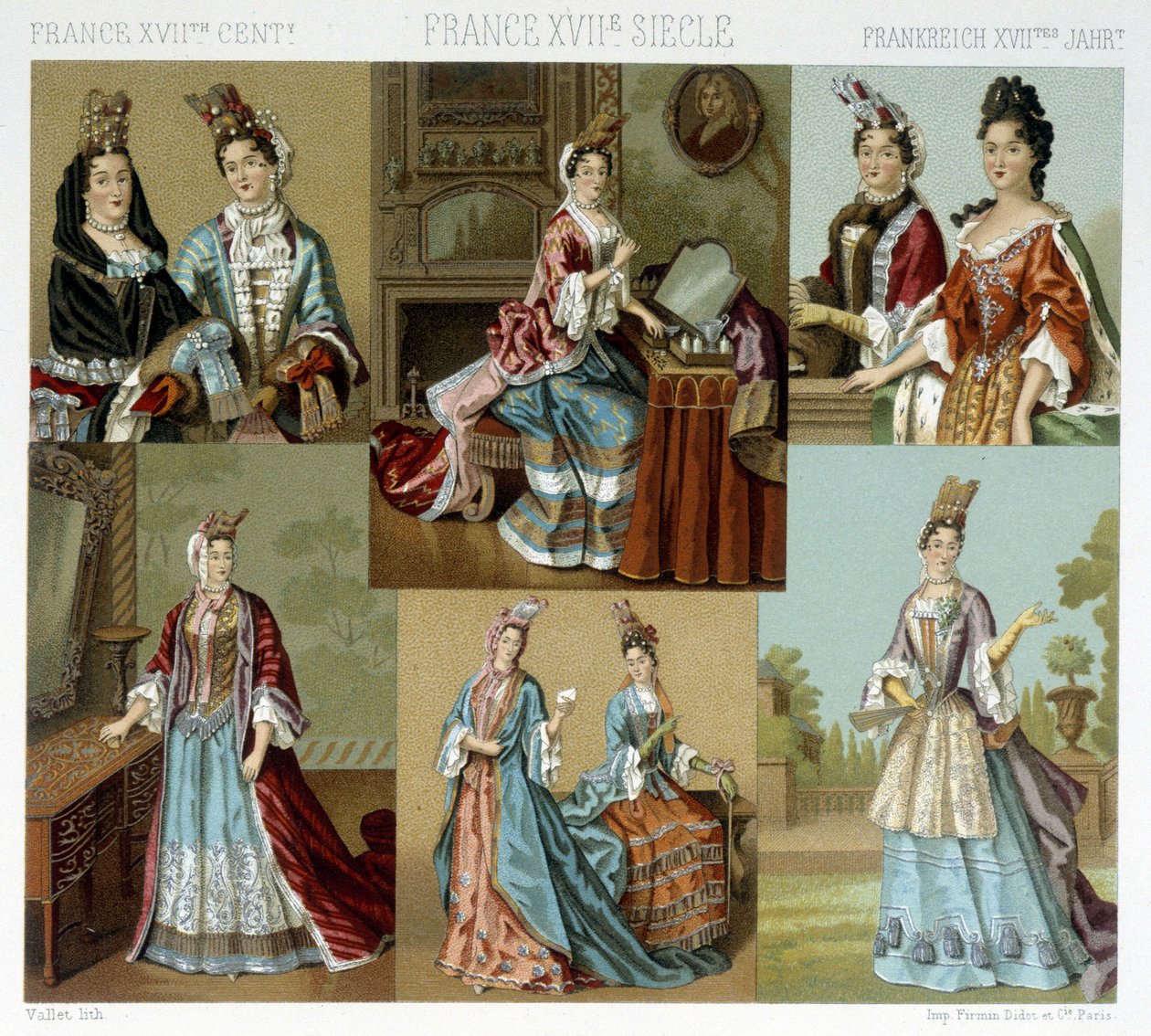 Mode et coiffure en France au XVIIIe siècle - dans « Le costume historique » par Racinet, fin XIXe siècle - Albert Charles August Racinet