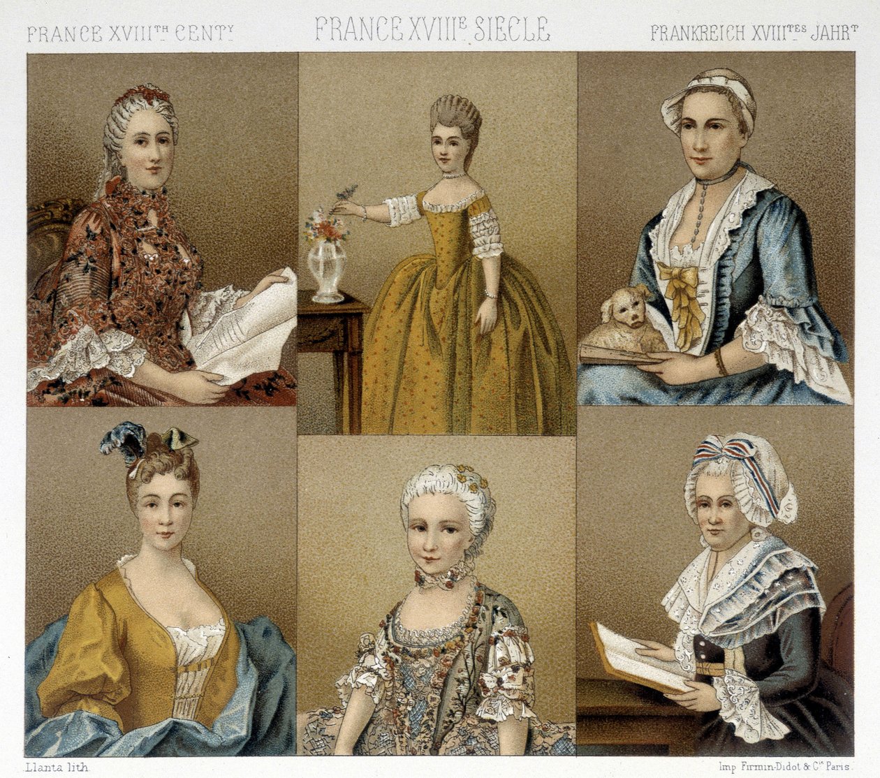 Mode féminine française au 18e siècle. Illustration dans « Le costume historique » par Racinet - Albert Charles August Racinet