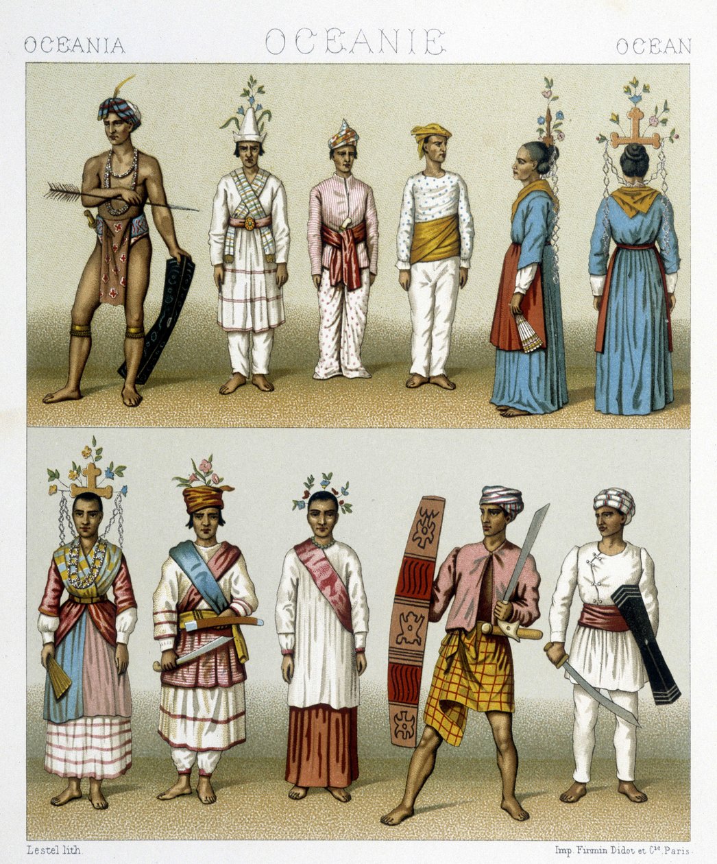 Habitants des îles Célèbes en Indonésie. Illustration dans « Le Costume Historique » par Racinet - Albert Charles August Racinet