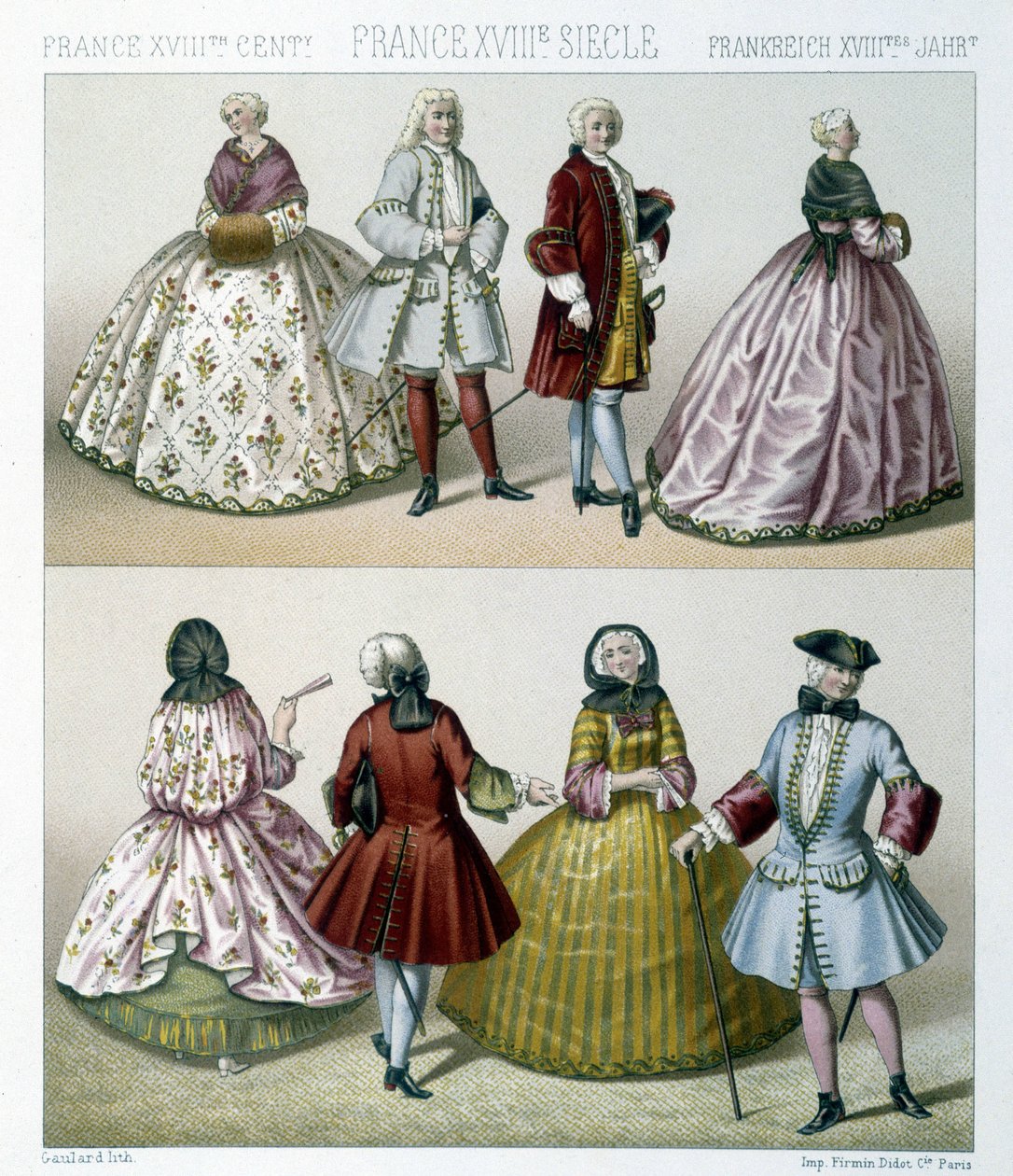 Hommes et femmes portant des costumes à la mode du 18e siècle en France. Illustration dans « Le costume historique » par Racinet - Albert Charles August Racinet