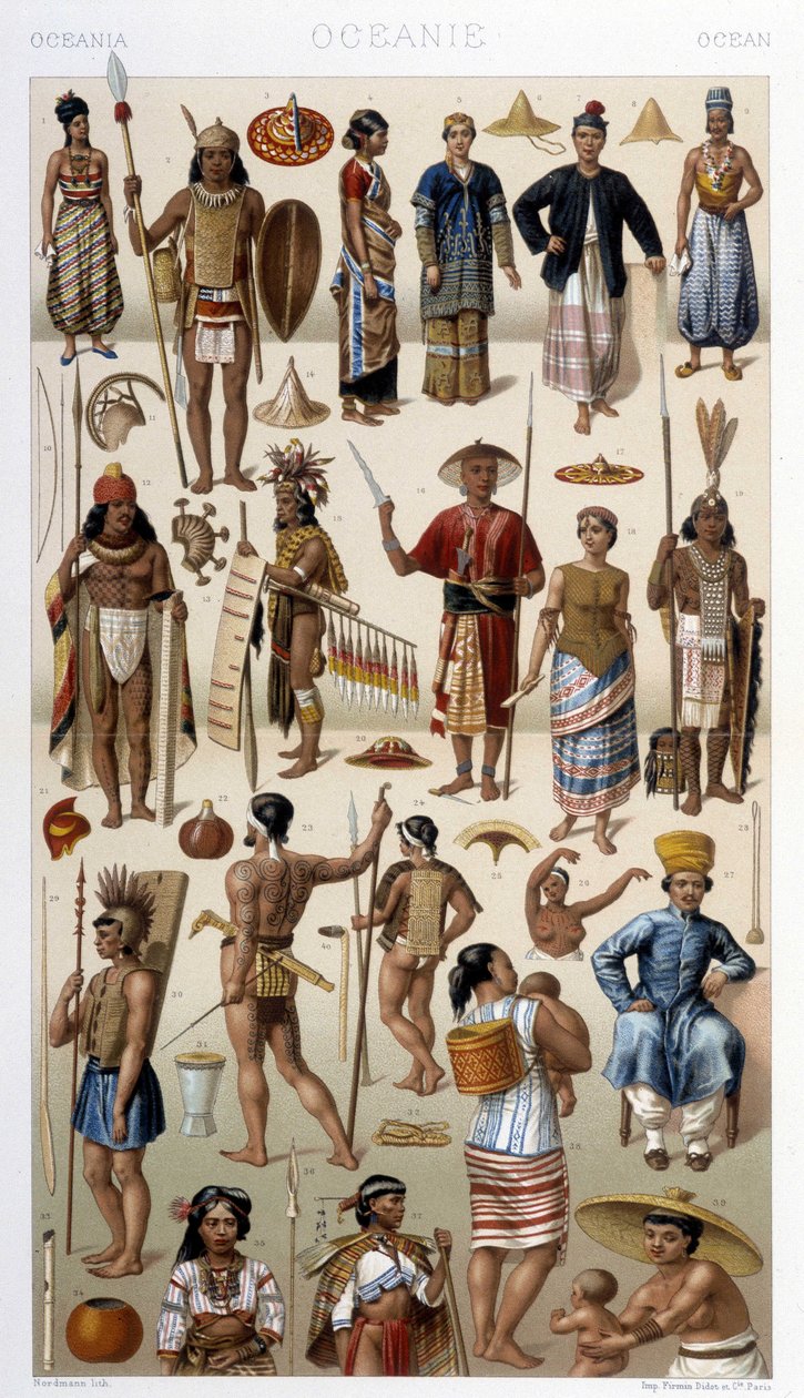 Peuples de Malaisie et de Polynésie (Océanie). Illustration dans « Le costume historique » par Racinet - Albert Charles August Racinet