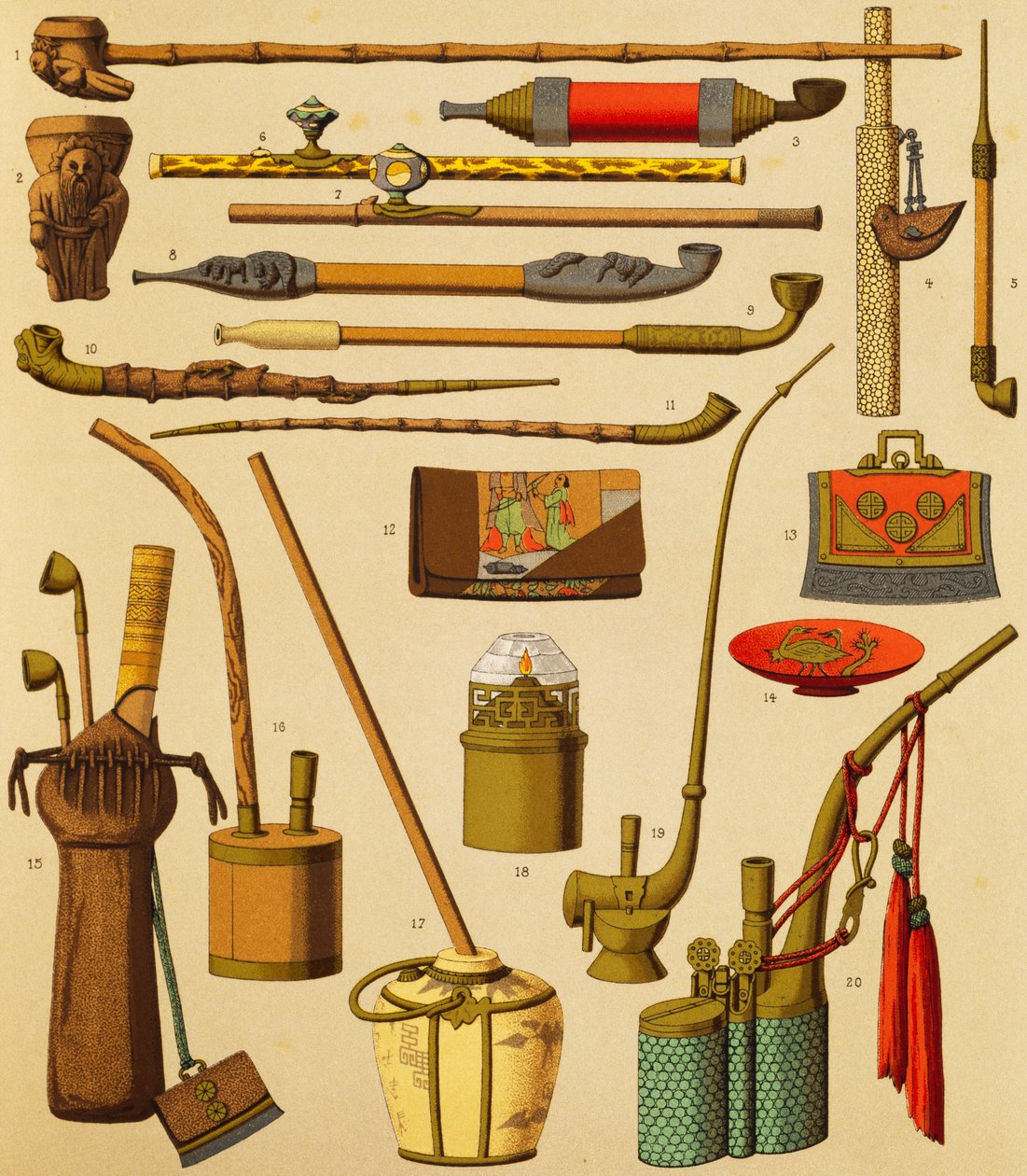 Pipe et objets utilisés par les fumeurs, lithographie par Schmidt de L