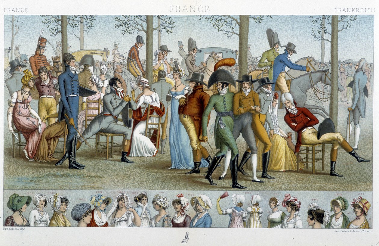 Les bourgeois marchant vers Longchamp, début 19e siècle - dans « Le costume historique » par Racinet - Albert Charles August Racinet
