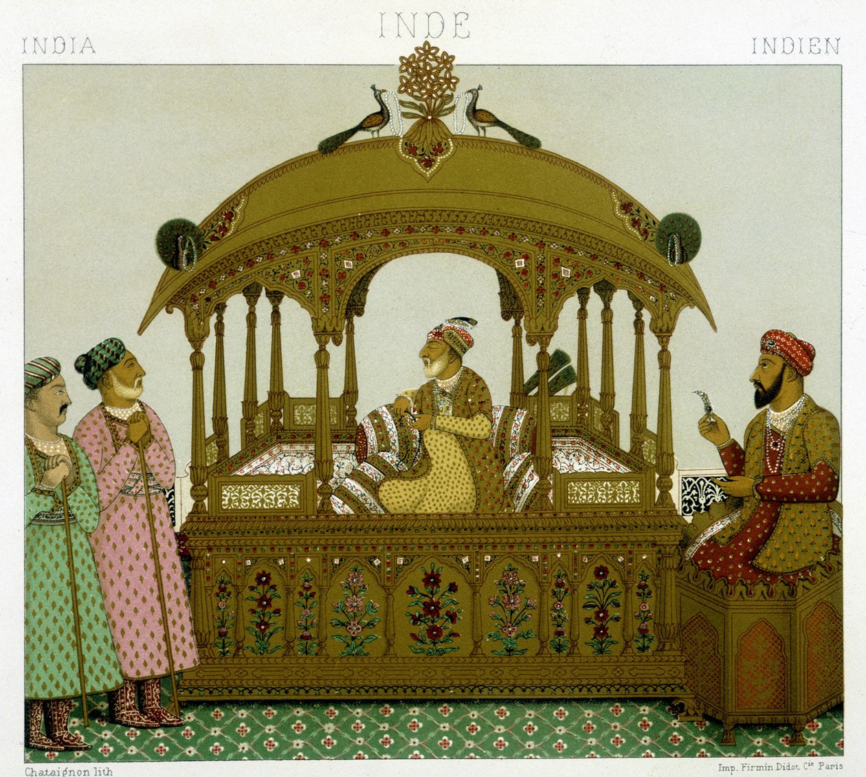 Trône des empereurs moghols. Planche chromolithographique - dans « Le costume historique » de Racinet - Albert Charles August Racinet
