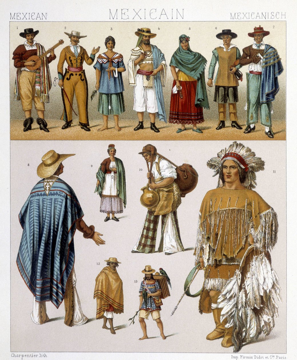 Costumes traditionnels mexicains. Illustration dans "Le costume historique" par Racinet - Albert Charles August Racinet