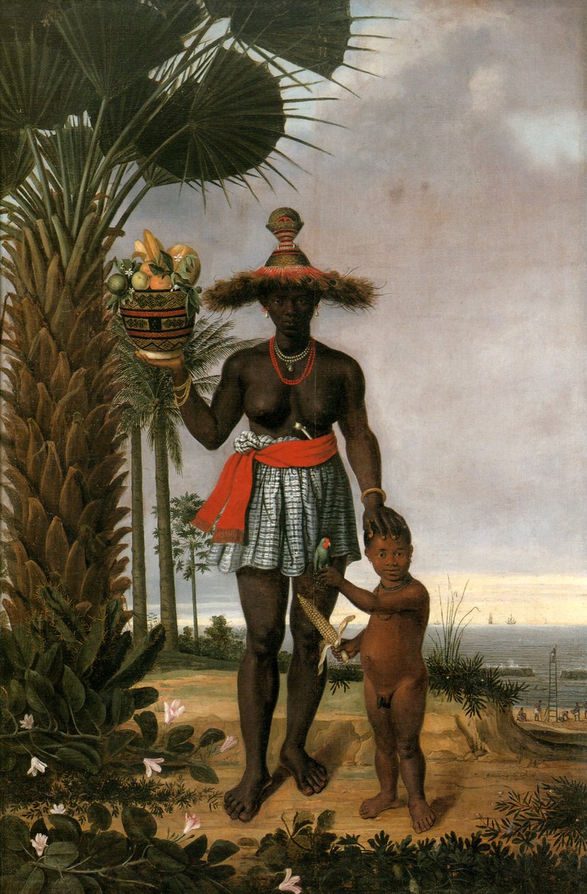 French: Portrait de femme noire avec enfant et panier American woman - Albert Eckhout