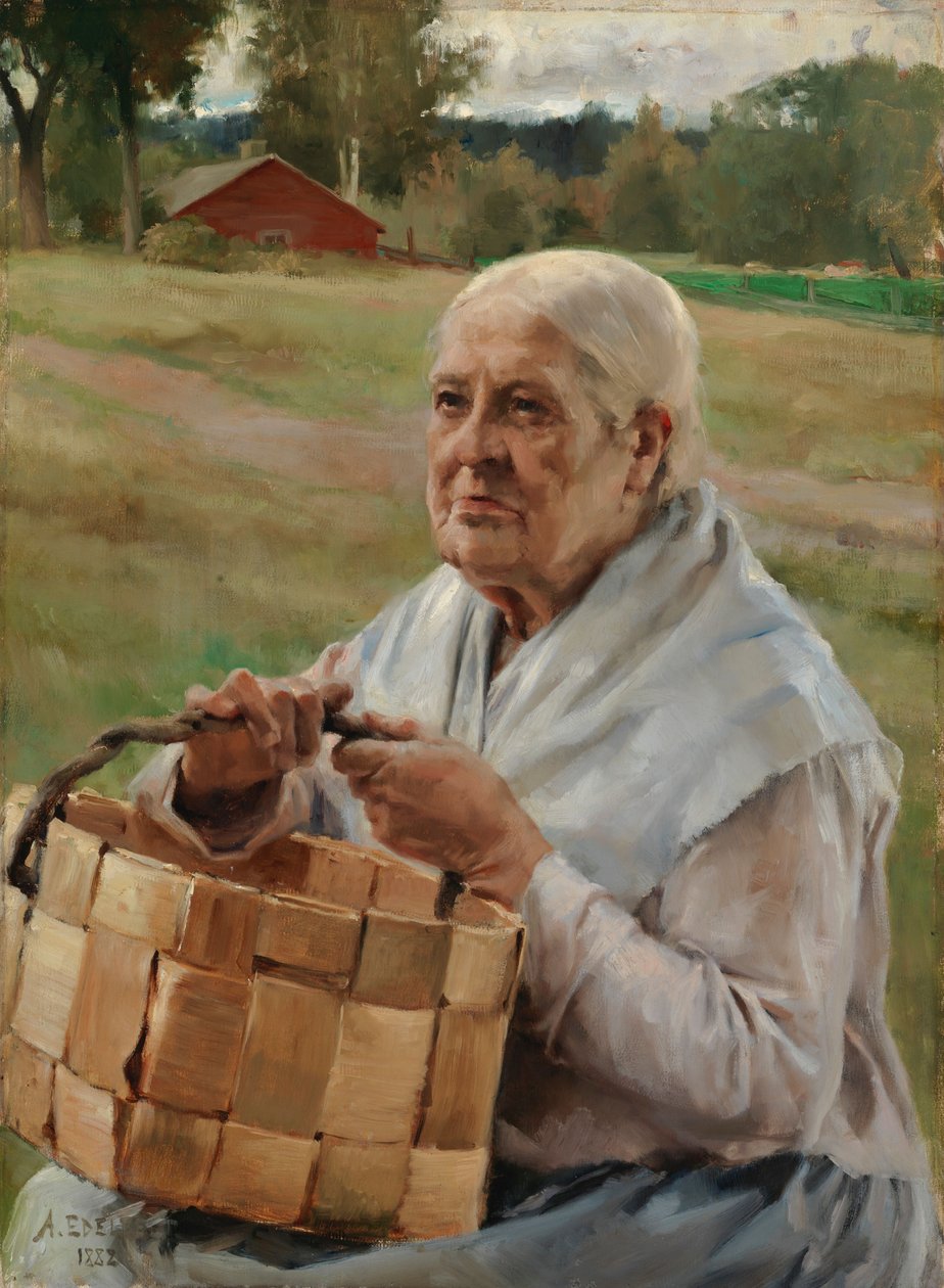 Vieille femme avec un panier de copeaux - Albert Edelfelt