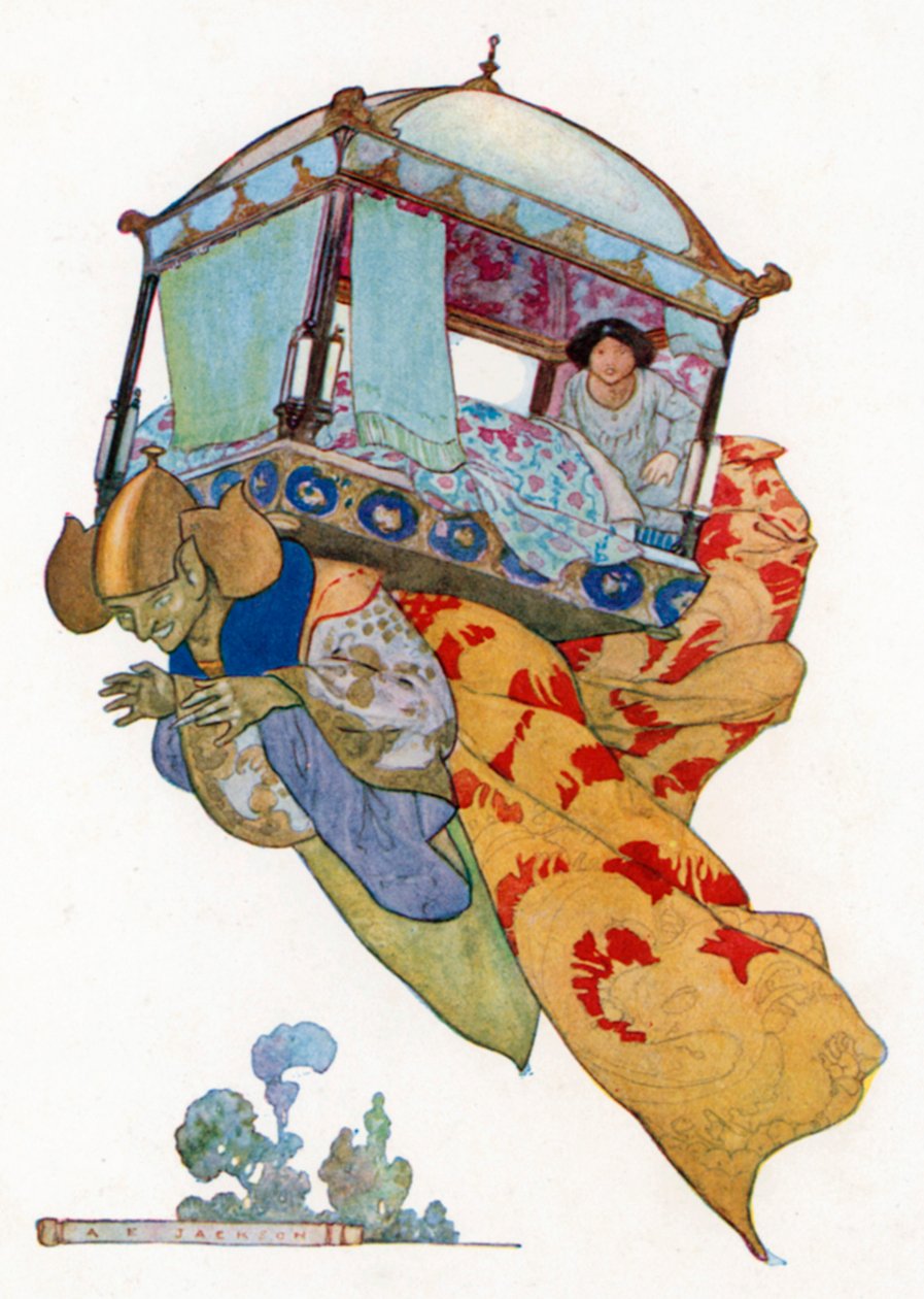 La princesse raconte comment, la nuit précédente, le lit a été enlevé et transporté dans ... (lithographie en couleur) - Albert Edward Jackson