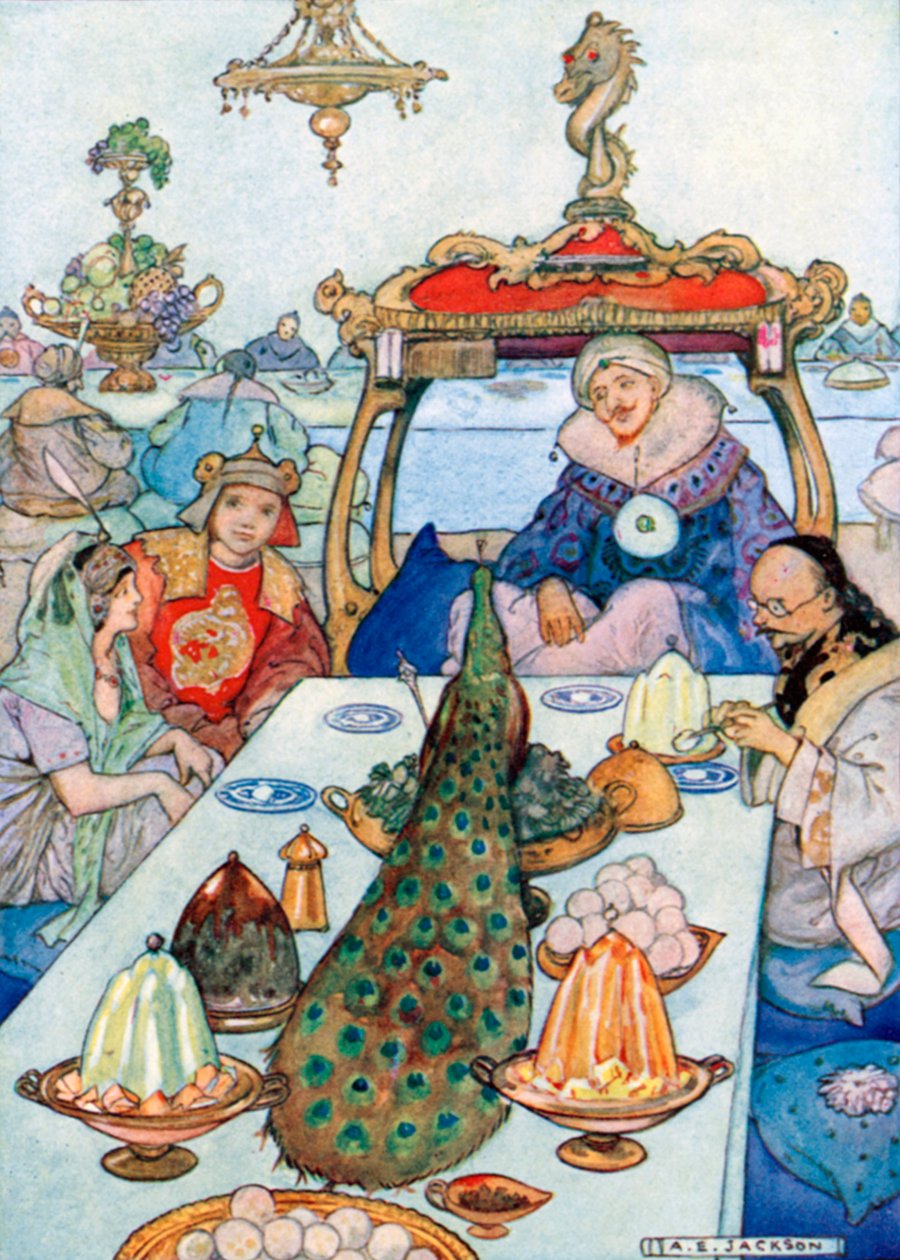 Le sultan était assis à la première table et mangeait avec sa fille. Aladin et le Grand Vizir ... (lithographie couleur) - Albert Edward Jackson