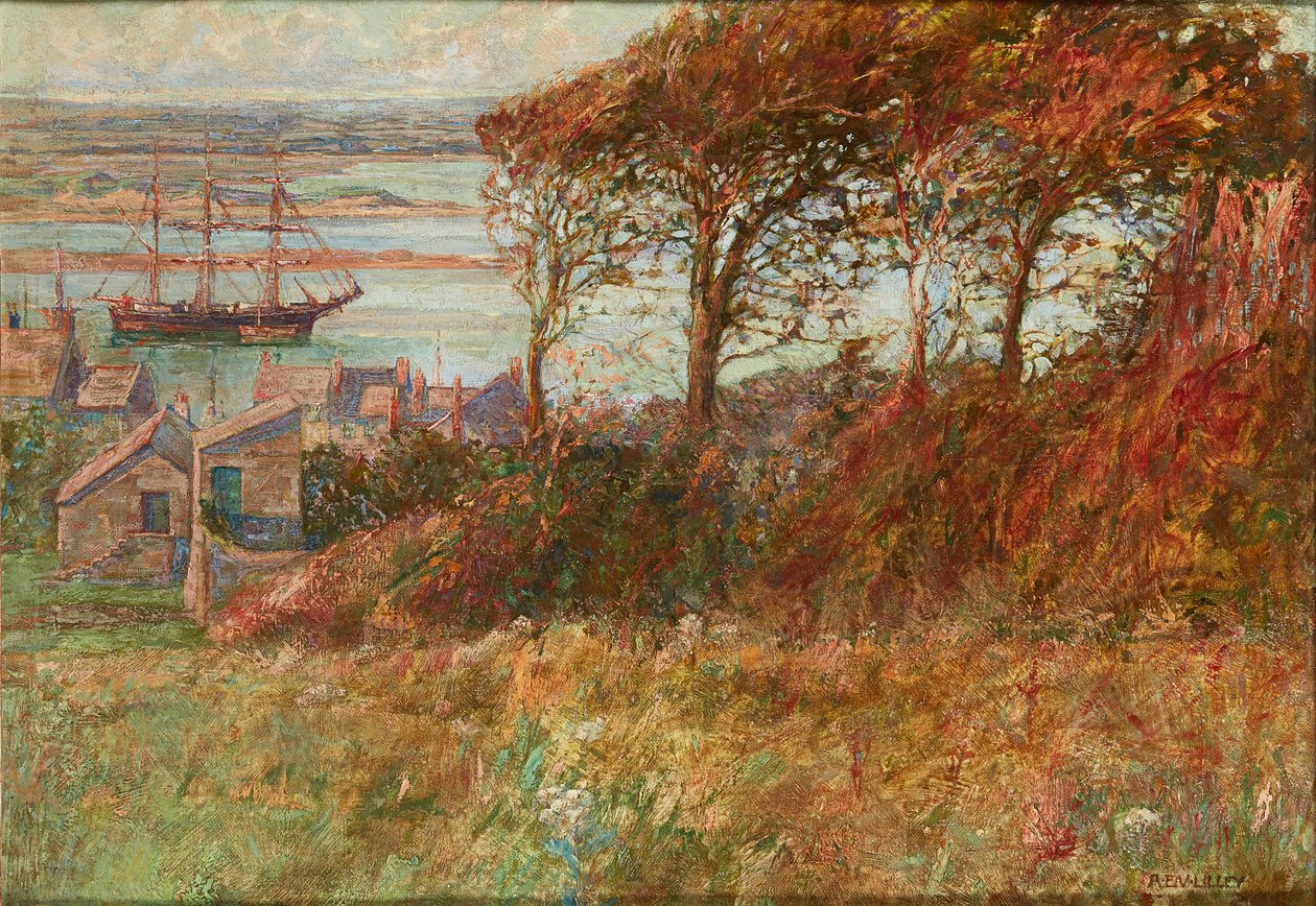 Bosquet au-dessus du port en automne (huile sur toile) - Albert Ernest Victor Lilley