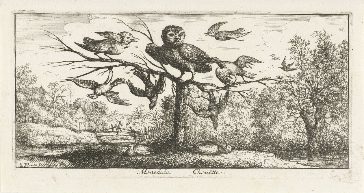 Paysage avec chouette entre autres oiseaux - Albert Flamen