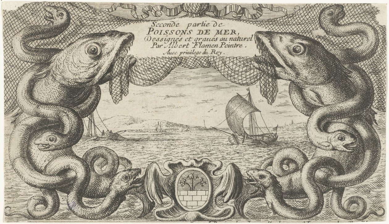Paysage marin avec bordure de créatures marines et un filet de pêche - Albert Flamen