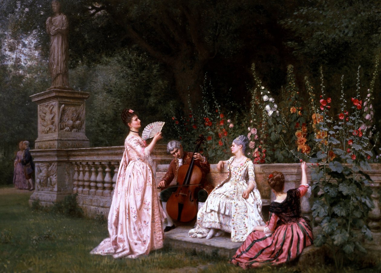 Conversation dans le jardin. Trois femmes pres d